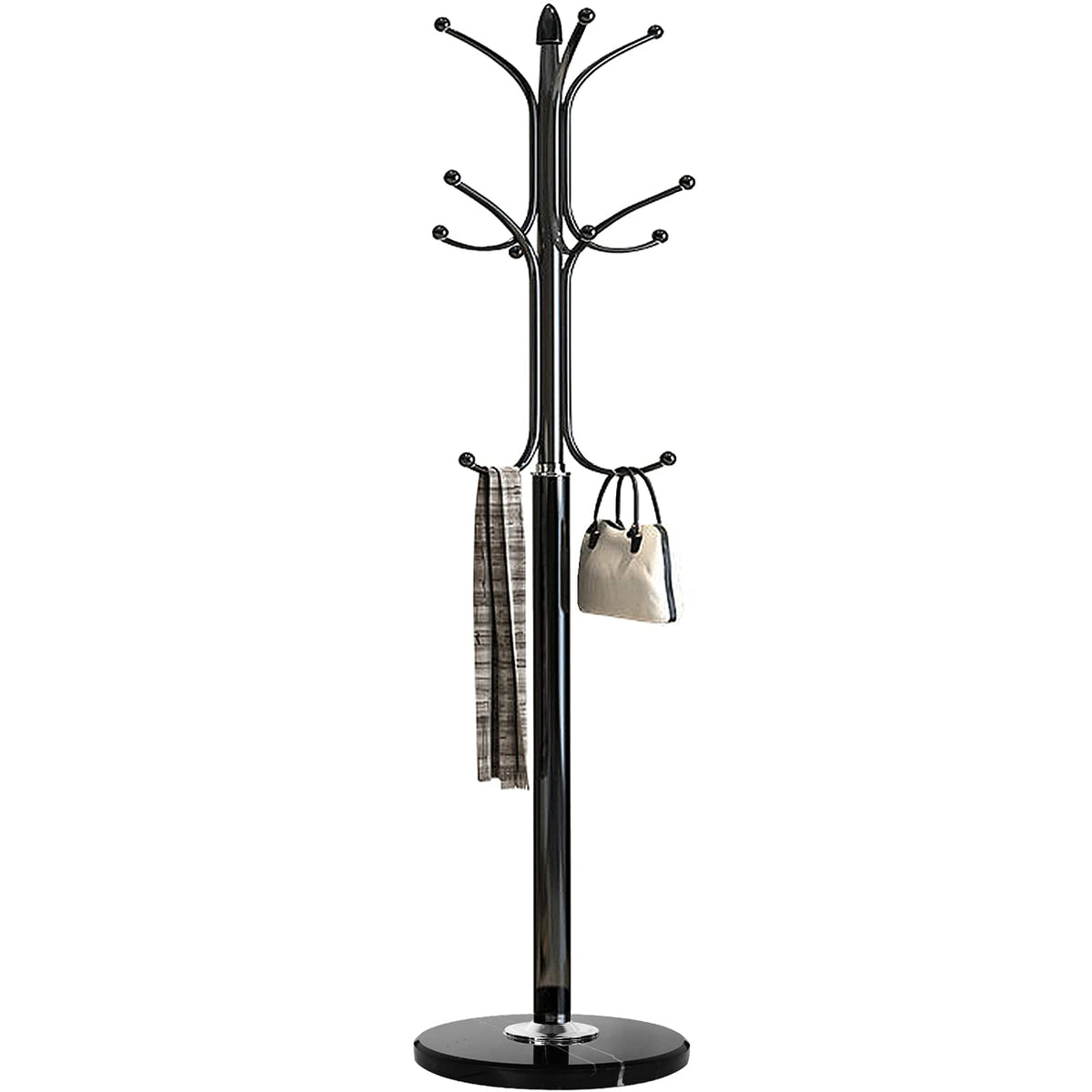 Kertnic Metal coat Rack Stand with Natural Marble Base, Free Standing Hall Tree with 12 Hooks for Hanging Scarf, Bag, Jacket, Ho