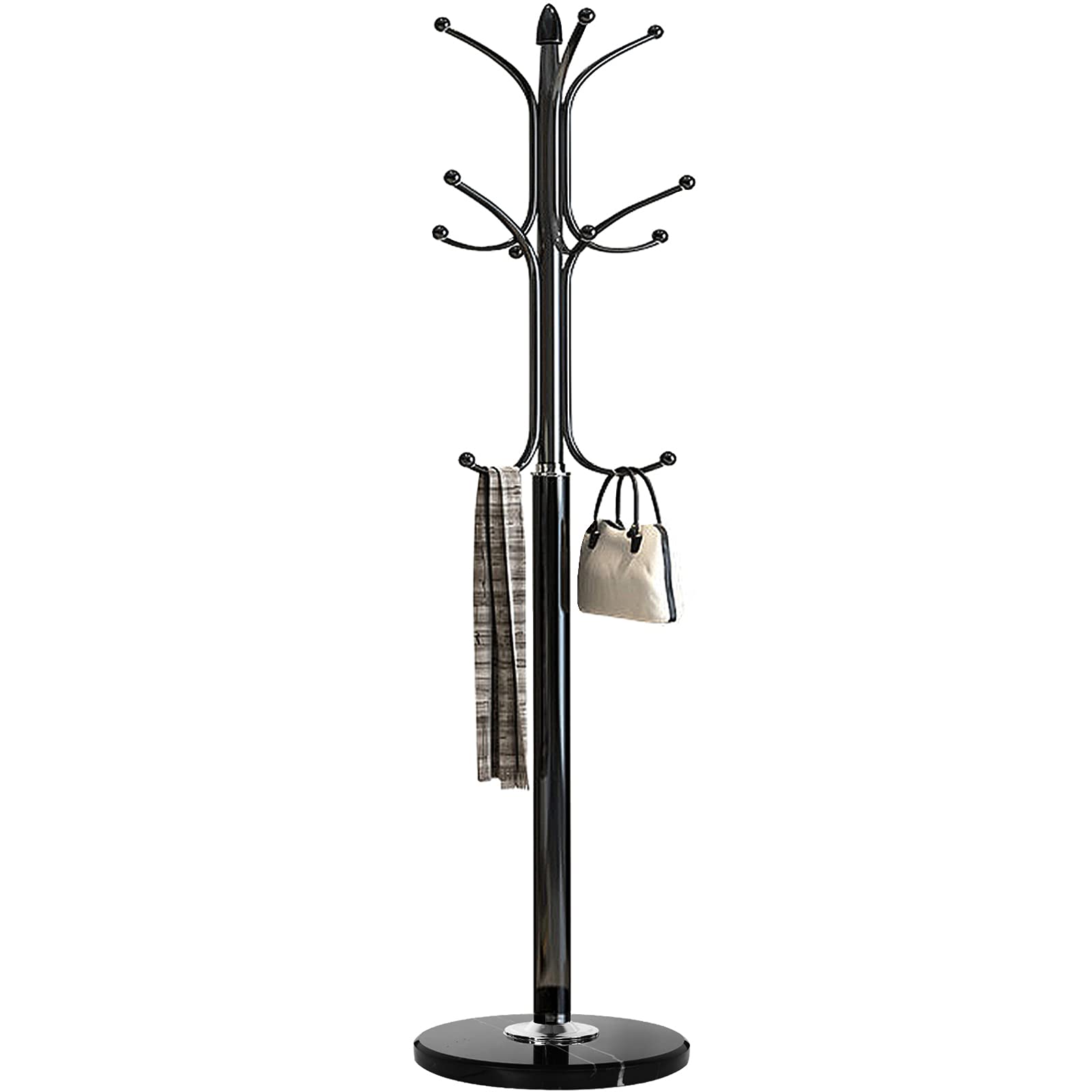 Kertnic Metal coat Rack Stand with Natural Marble Base, Free Standing Hall Tree with 12 Hooks for Hanging Scarf, Bag, Jacket, Ho