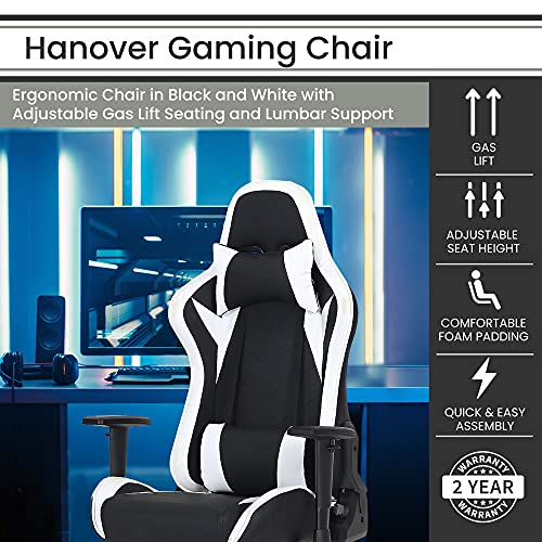 Commando Ergonomic Gaming Chair in Black and White with Adjustable Gas Lift Seating, Lumbar and Neck Support