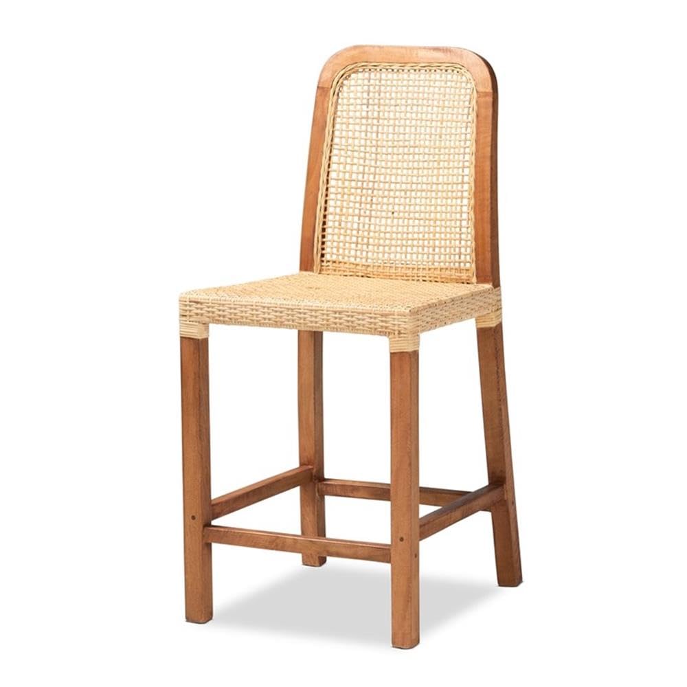 Baxton Studio Caspia Mid-Century Modern Walnut Brown Finished Wood and Natural Rattan Counter Stool