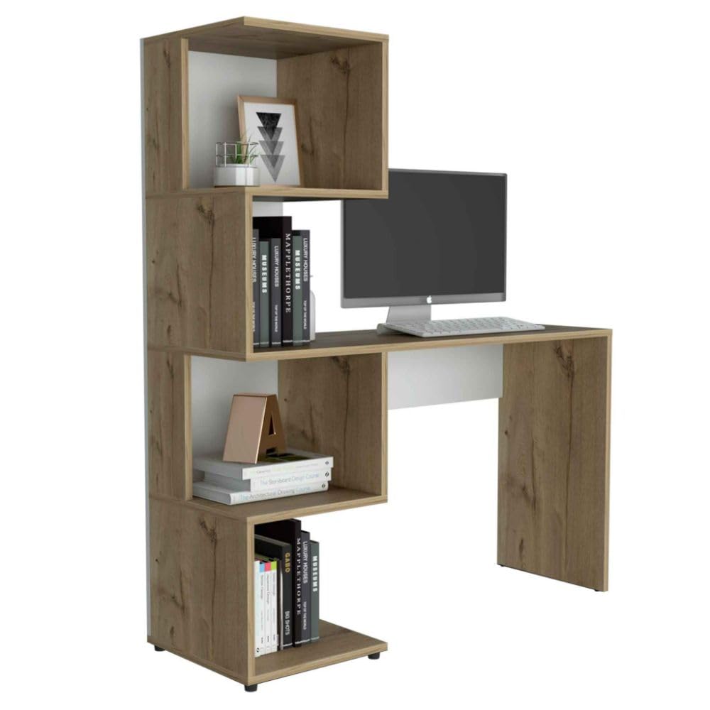 Computer Desk Jayess with Four-Tier Storage Shelves, Light Oak/White