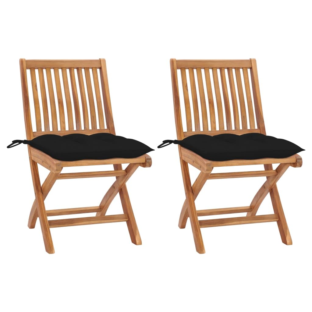 vidaXL Set of 2 Foldable Teak Patio Chairs with Black Cushions, Solid Wood Construction, Stylish & Versatile Design, Suitable for Homes, Offices, Bars, Cafes - No Assembly Required