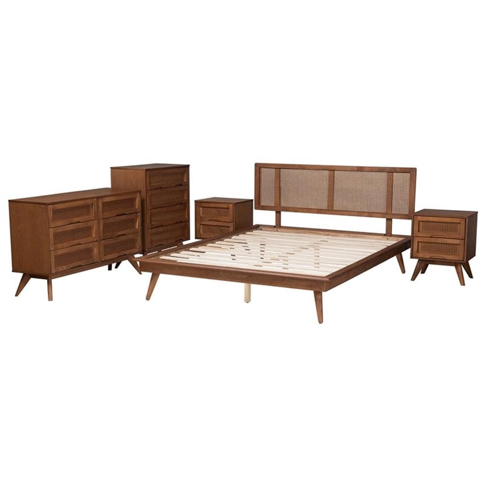 Baxton Studio Nura Mid-Century Modern Walnut Brown Finished Wood And Rattan Full Size 5-Piece Bedroom Set