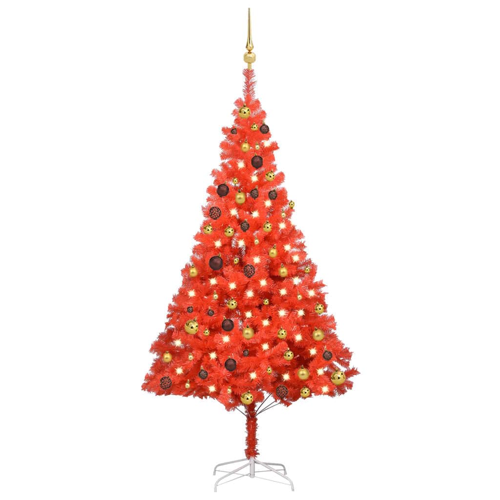 Vidaxl Artificial Christmas Tree With Led Lights And Red & Gold Ball Set - 70.9&quot; Pvc Tree With Steel Stand - Red Tree With Illuminating Lights