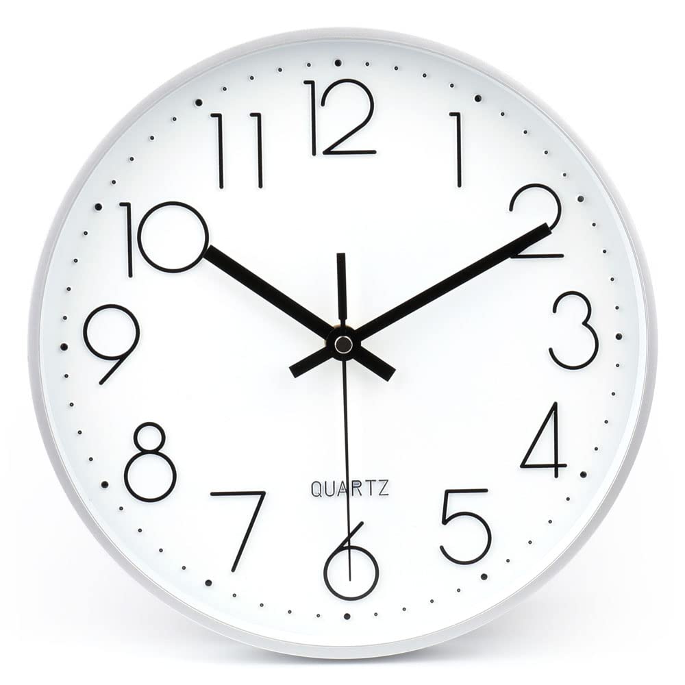 jomparis 10 Inch Silver Wall Clock Battery Operated Silent & Non-Ticking Wall Clock for Home Office Bathroom