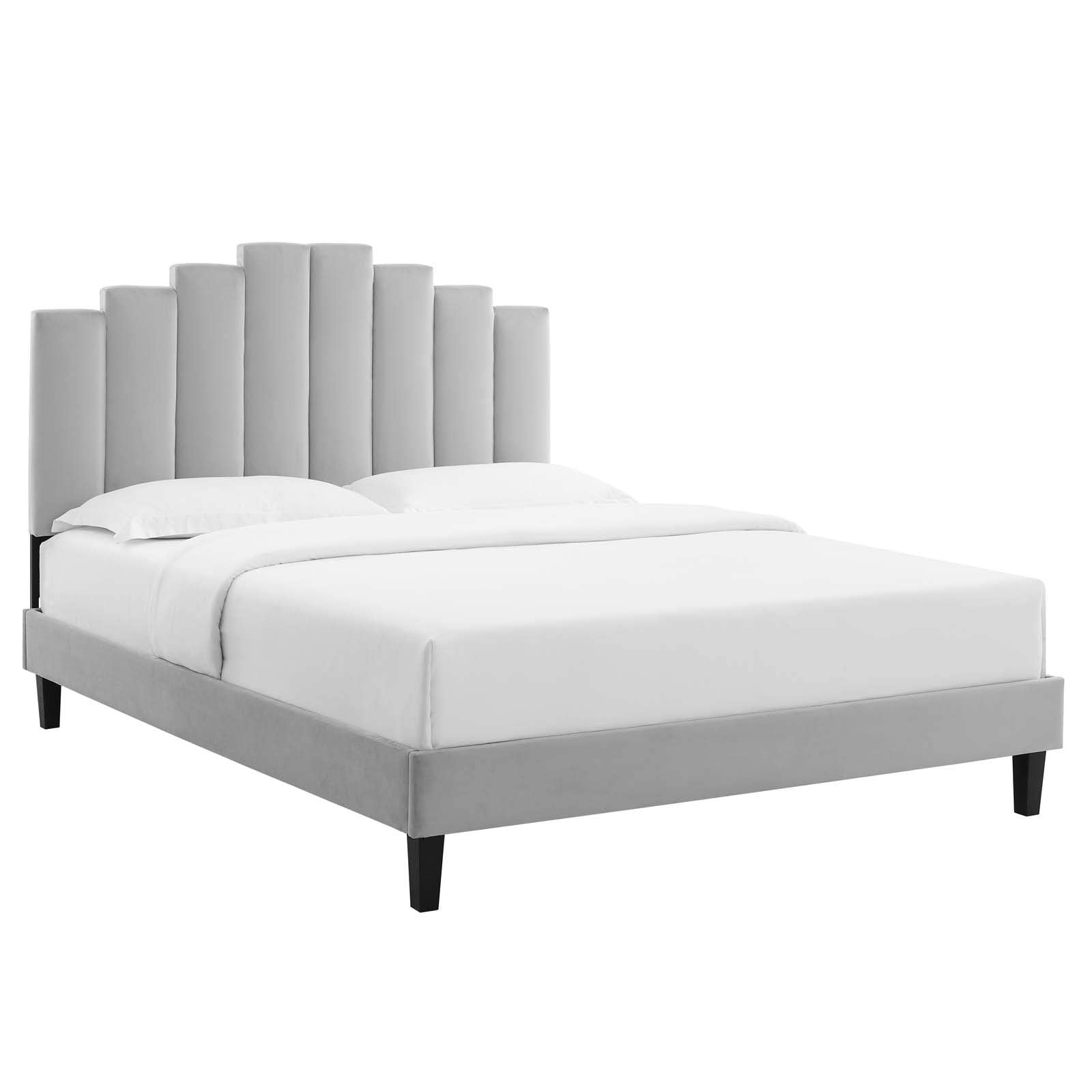 Modway Elise Channel Tufted Performance Velvet Full Platform Bed In White With Black Wood Legs, Light Gray