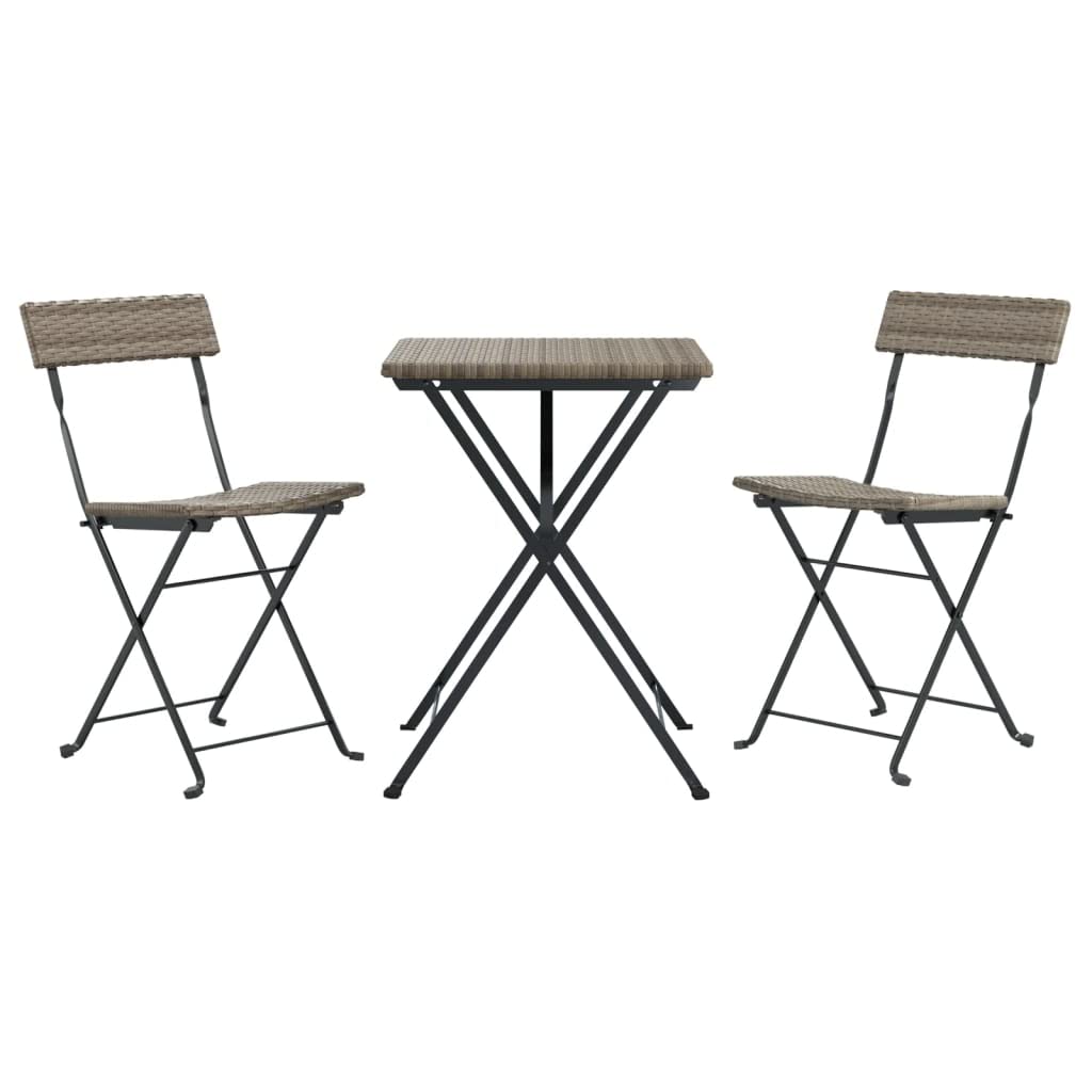 vidaXL Modern 3-Piece Folding Bistro Set in Gray - Weather-Resistant Poly Rattan Material with Powder-Coated Steel Frame - Perfect for Garden, Patio or Balcony