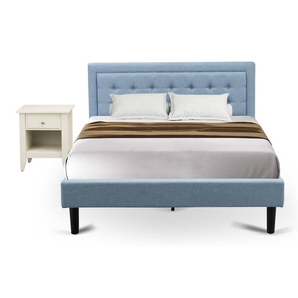 East West Furniture FN11Q-1GA0C 2-Piece Fannin Bed Set with 1 Queen Size Frame and an End Table for Bedroom - Reliable and Sturdy Manufacturing - Denim Blue Linen Fabric