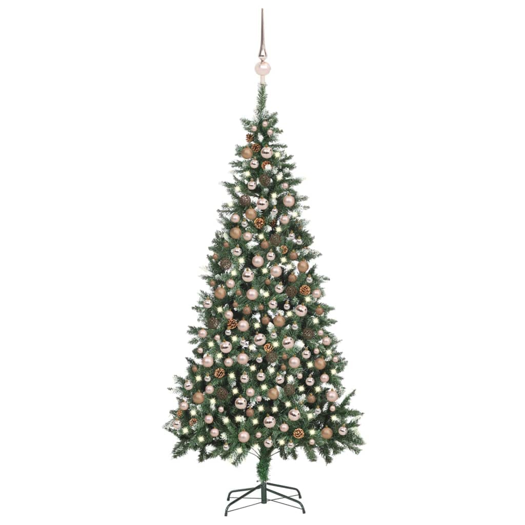 Vidaxl Artificial Christmas Tree - Pre-Lit, Decorated With Ball Set And Pine Cones, Lifelike Pointy Branches With Glitter, Pine Mimic Design, 82.7 Inches - Green, White, And Rose Gold