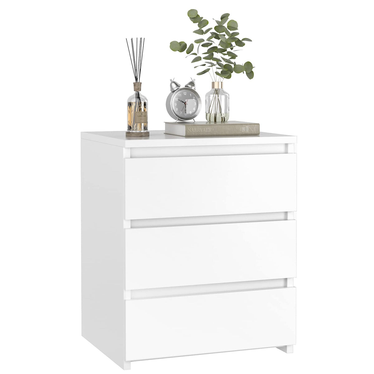 FOTOSOK White Nightstand with 3 Drawers, White Bedside Table Night Stand for Bedroom with Cut-Out Handle, Sofa Side Table 3 Draw