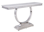 Acme Zander Sofa Table in White Printed Faux Marble and Mirrored Silver Finish