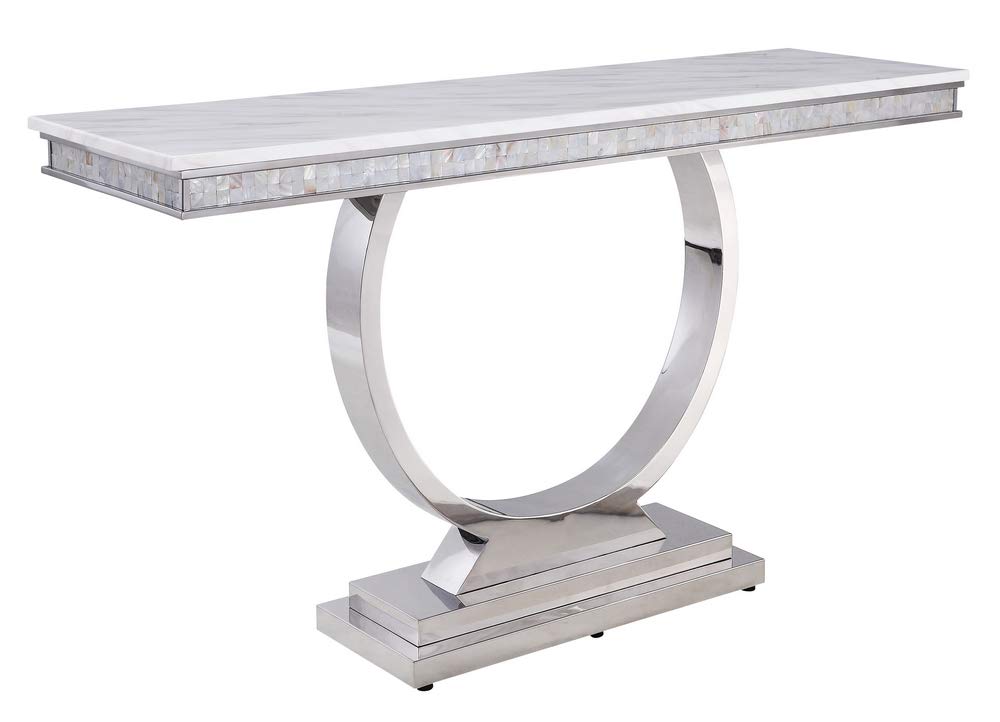 Acme Zander Sofa Table in White Printed Faux Marble and Mirrored Silver Finish