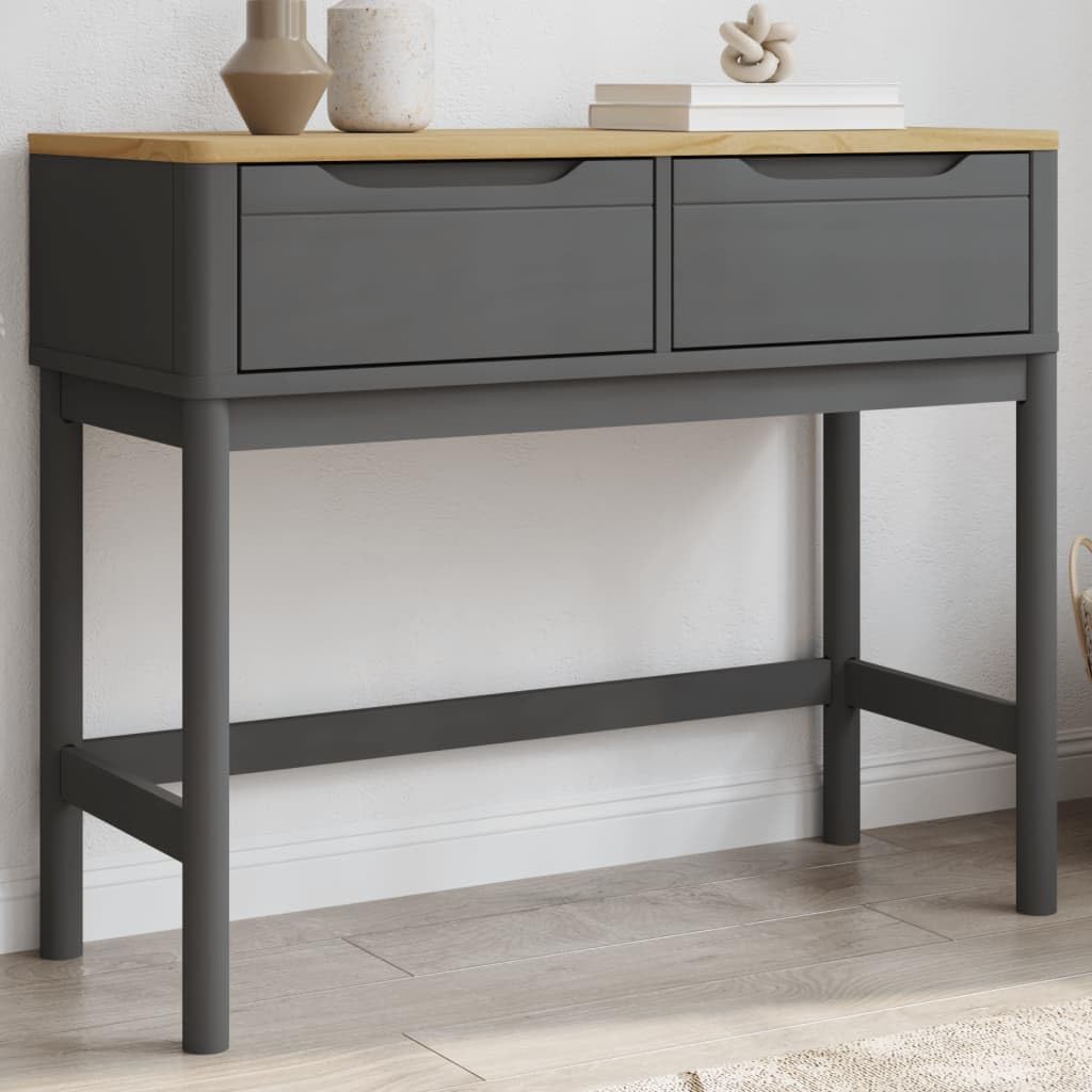 vidaXL Console Table Floro Gray - 35.2"x14.4"x28.7" - Solid Pine Wood, Engineered Wood, 2 Drawers - Rectangular Modern Sofa Table for Living Room, Office, Hall