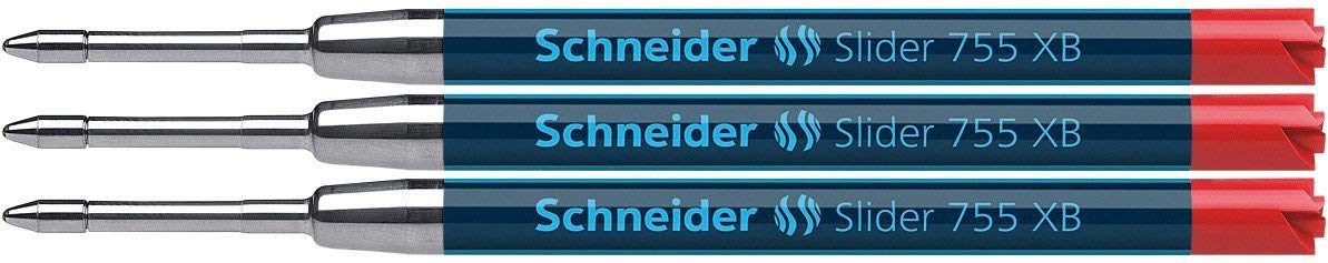Schneider Writing Instruments, Ballpoint Pen Refills, Slider 755 Xb, Colour: Red, Pack Of 3 Blister Cards.