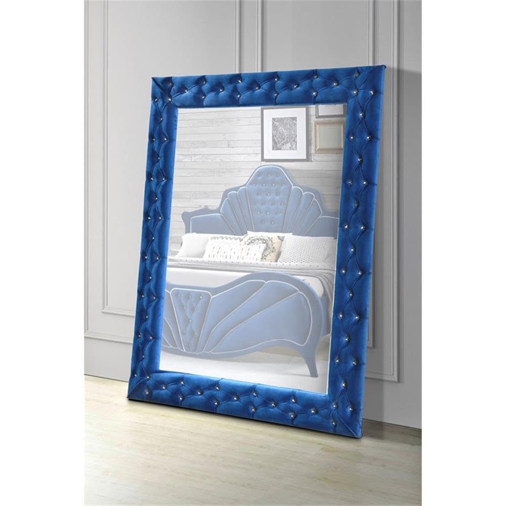 Acme Dante Contemporary Rectangular Accent Floor Mirror In Blue Velvet