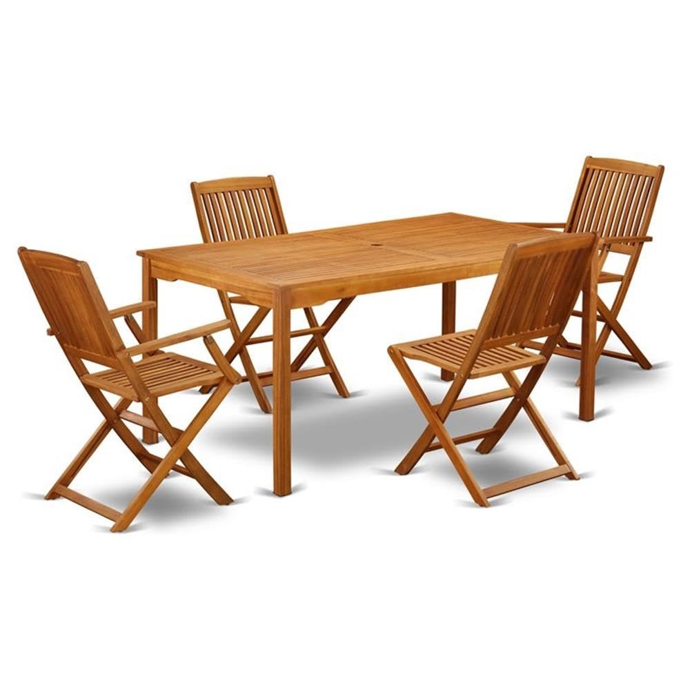East West Furniture Cmcm52Cana 5 Piece Patio Dining Set Includes A Rectangle Outdoor Acacia Wood Table And 2 Folding Arm Chairs With 2 Side Chairs, 36X66 Inch, Natural Oil