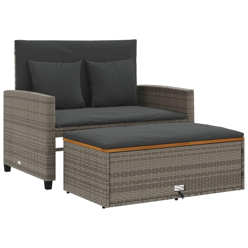 vidaXL Patio Sofa/2-Seater Outdoor Bench & Sofa Bed with Cushions - Gray Poly Rattan & Acacia Wood, Garden/Deck Furniture