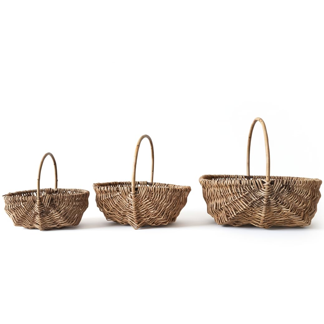 3 PCS Picnic Basket Natural Solid Wicker Storage Basket Fit Garden and Home Decor, Rustic Willow Fruit Vegetable Trug Basket for