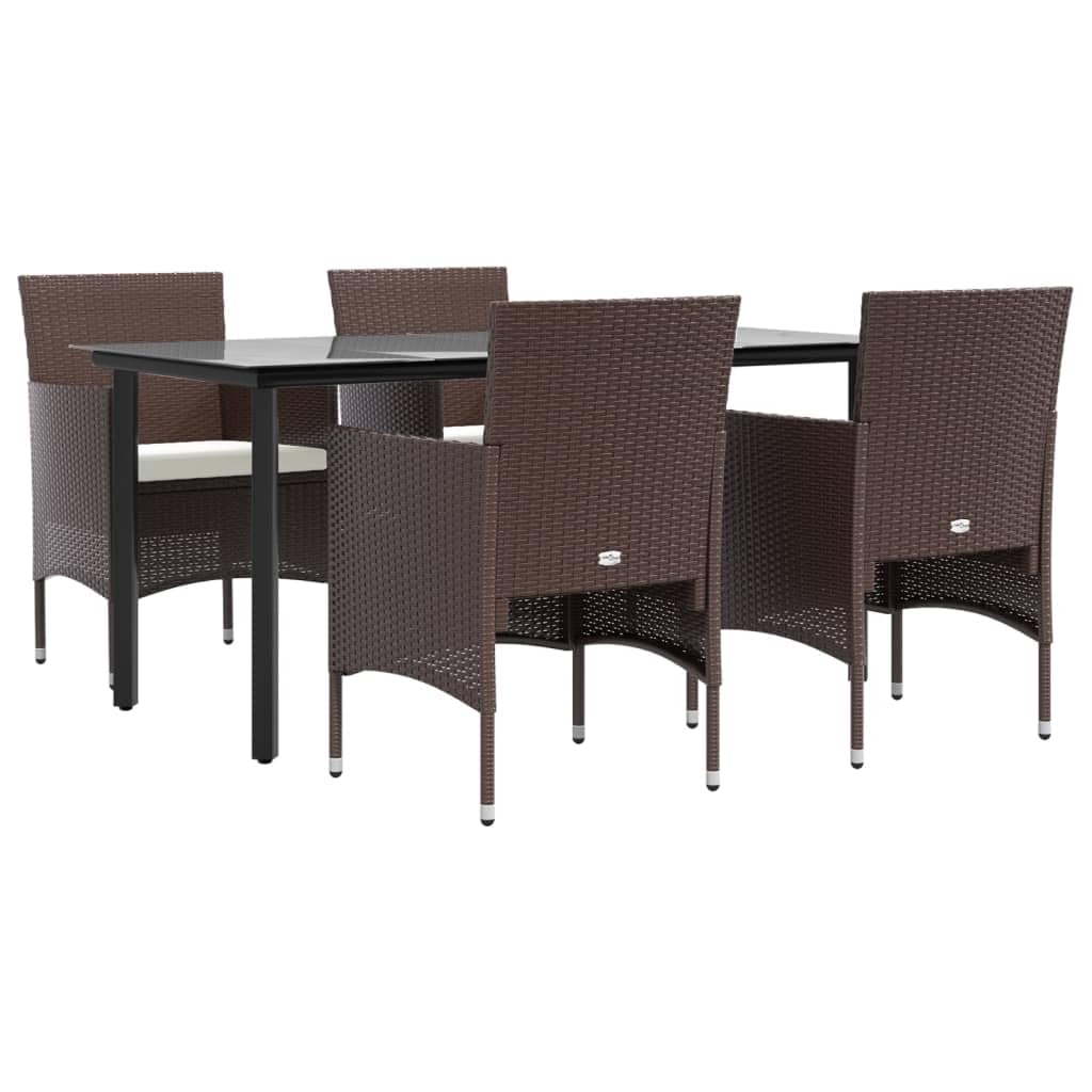 vidaXL 5 Piece Patio Dining Set with Cushions in Brown and Black - Weather-Resistant PE Rattan Material with Sturdy Steel Frames and Tempered Glass Tabletop