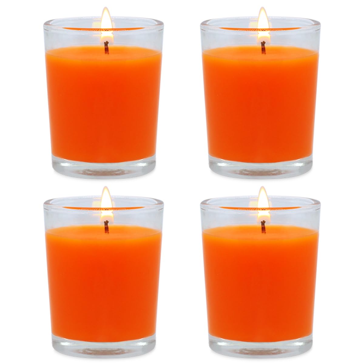 Set of 4 Orange Votive Candles for Halloween Pumpkin, Clear Glass Filled Unscented Soy Wax Candle for Dinner, Parties, Home Deco