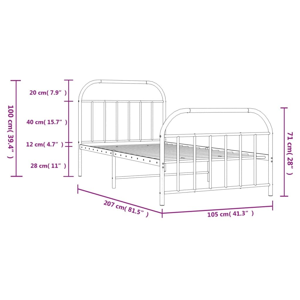 vidaXL Single Metal Bed Frame with Extra Storage Space, Headboard and Footboard, Durable Steel Construction - Perfect for Bedroom, White, 39.4&quot;x78.7&quot;.
