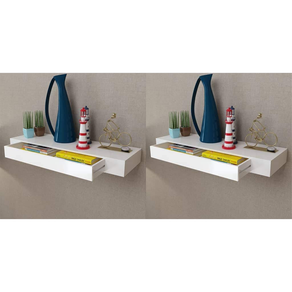 vidaXL 2-Piece Set Floating Wall Shelves with Drawers, White Matte Finish, Easy Installation, Multifunctional Storage, Modern Design, Constructed of Resistant MDF - California Prop 65 Warning