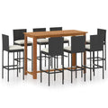 vidaXL Outdoor Patio Bar Set with Cushions - Black, 9-Piece PE Rattan and Solid Acacia Wood Set for Garden, Patio, Terrace - Includes 1 Table, 8 Bar Stools