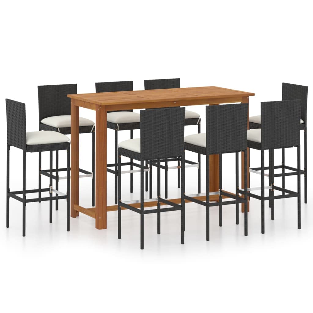 vidaXL Outdoor Patio Bar Set with Cushions - Black, 9-Piece PE Rattan and Solid Acacia Wood Set for Garden, Patio, Terrace - Includes 1 Table, 8 Bar Stools