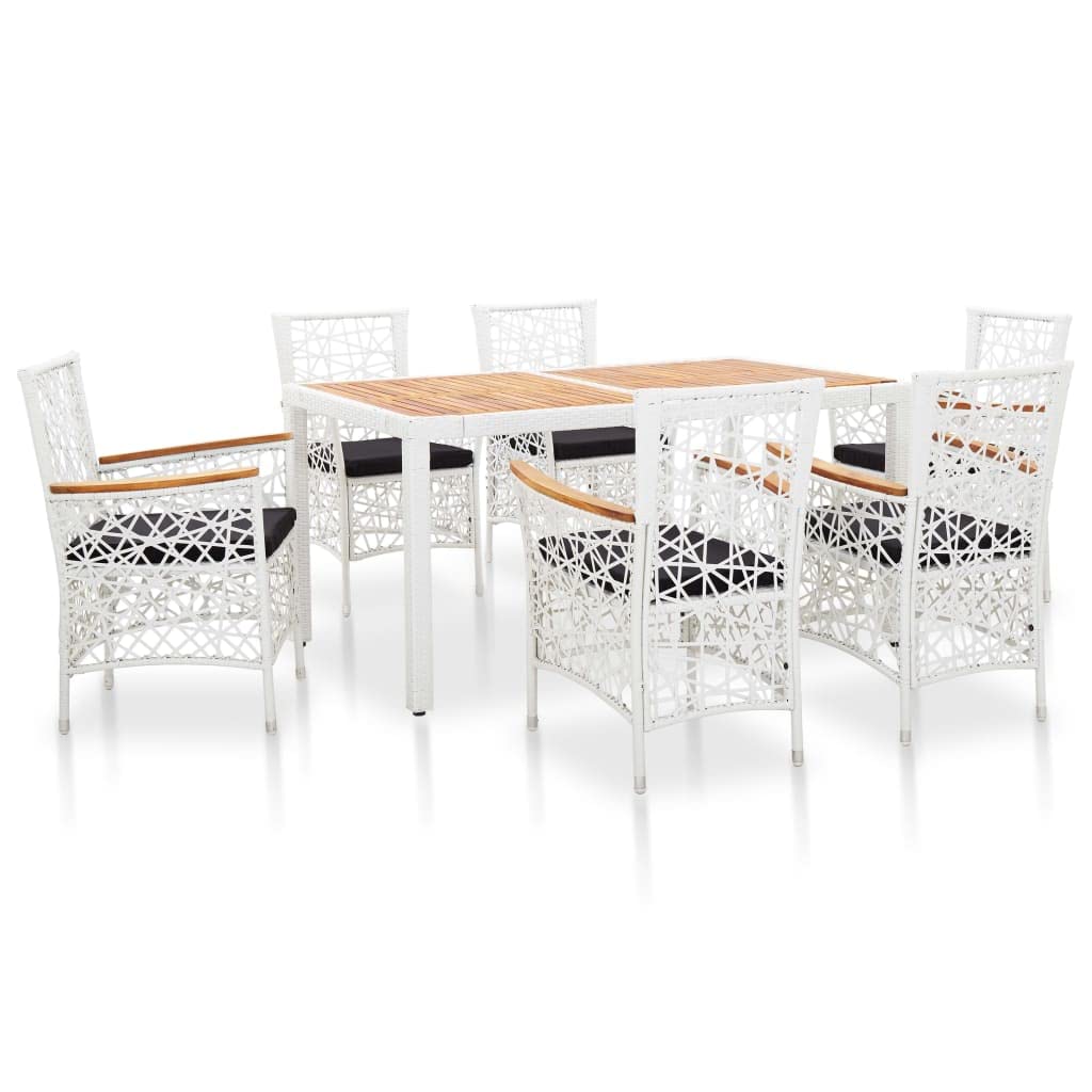 vidaXL Patio Dining Set 7 Piece, Patio Dining Table Set with Wood Tabletop, Rattan Chairs with Cushions, Outdoor Furniture Set, Poly Rattan White