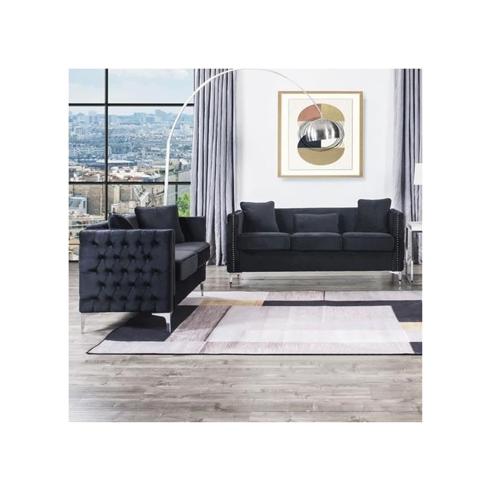 Lilola Home Bayberry Black Velvet Sofa Loveseat Living Room Set