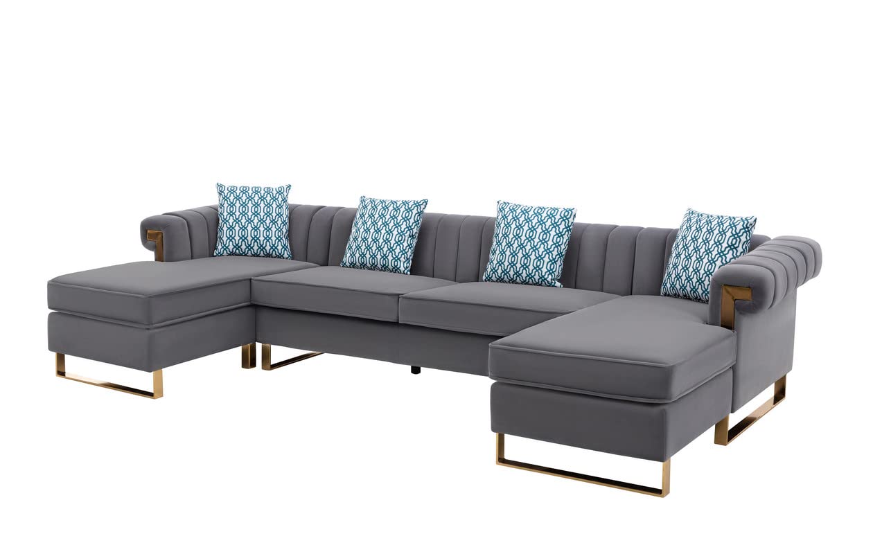 Lilola Home Maddie Gray Velvet 5-Seater Double Chaise Sectional Sofa