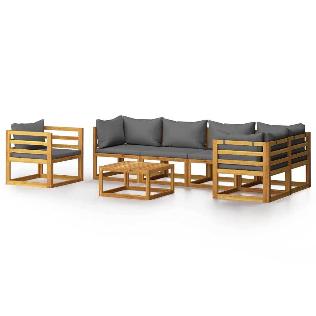 vidaXL 7 Piece Outdoor Lounge Set, Solid Acacia Wood with Oil Finish, Modular Design, Includes Coffee Table, Seat and Back Cushi