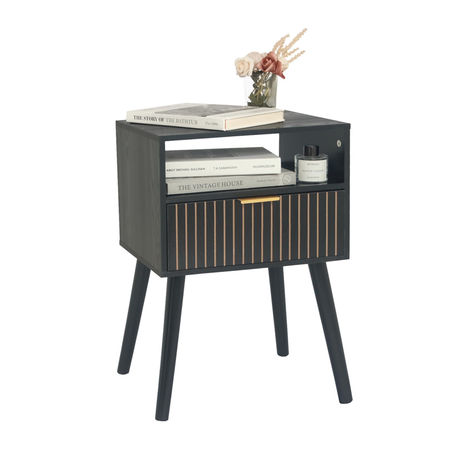Maxsmeo Black Nightstand With Drawer, Mid Century Modern Bedside Table With Open Shelf Storage, End Table With Solid Wood Legs, Black