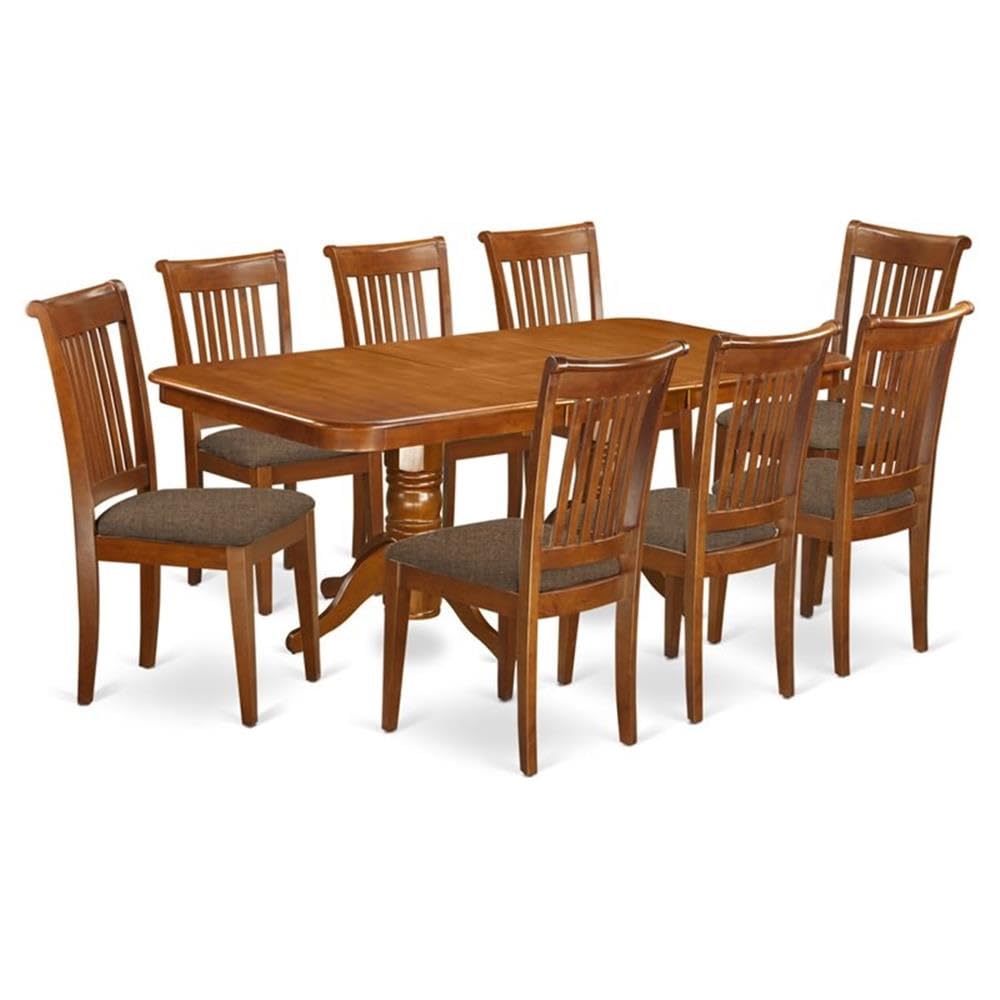 East West Furniture NAPO9-SBR-C 9 Piece Dining Room Set Includes a Rectangle Kitchen Table with Butterfly Leaf and 8 Linen Fabric Upholstered Dining Chairs, 40x78 Inch, Saddle Brown