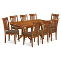 East West Furniture NAPO9-SBR-C 9 Piece Dining Room Set Includes a Rectangle Kitchen Table with Butterfly Leaf and 8 Linen Fabric Upholstered Dining Chairs, 40x78 Inch, Saddle Brown