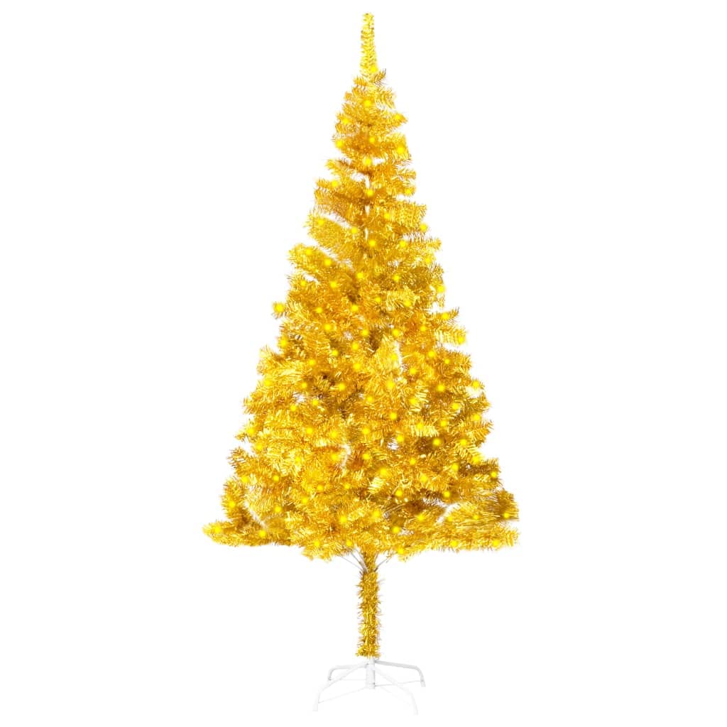 vidaXL Pre-lit Christmas Tree with Dual Material PVC and Steel, Gold Ornament, Stands at 70.9&quot;, Ready with LED String Light