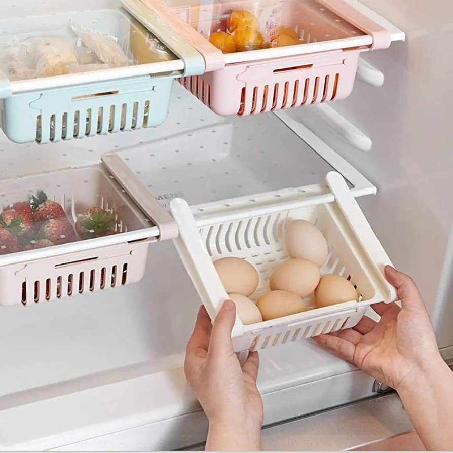 Syaladeu Expandable Adjustable Fridge Storage Basket Under Shelf Fridge Organiser Rack Space Saver Refrigerator Sliding Drawers 