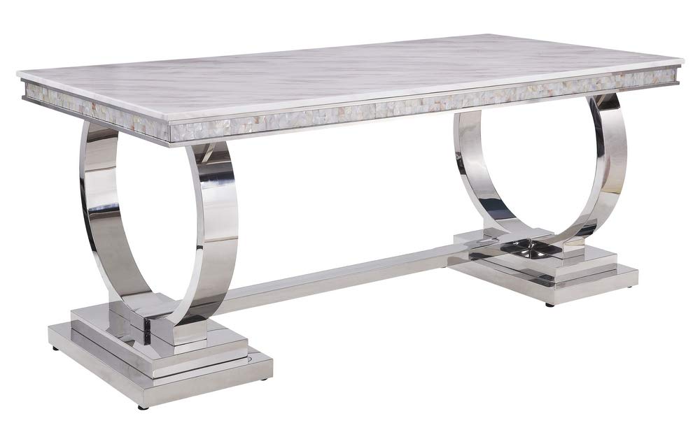 Acme Zander Dining Table in White Printed Faux Marble and Mirrored Silver Finish