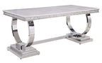 Acme Zander Dining Table in White Printed Faux Marble and Mirrored Silver Finish