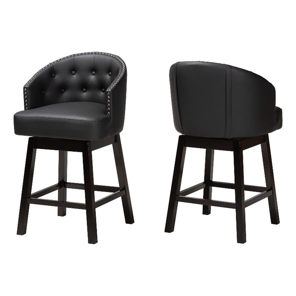 Baxton Studio Theron Mid-Century Transitional Black Faux Leather And Espresso Brown Finished Wood 2-Piece Swivel Counter Stool Set