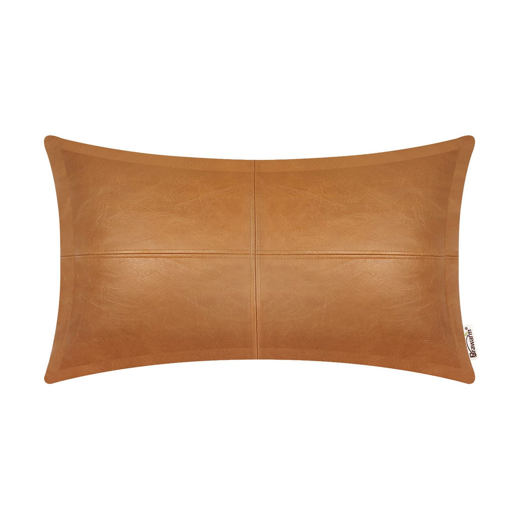 BRAWARM Tan Leather Throw Pillow 12 X 20 Inches, Faux Leather Pillow Cover with Piping, Hand Stitched Leather Decorative Lumbar 