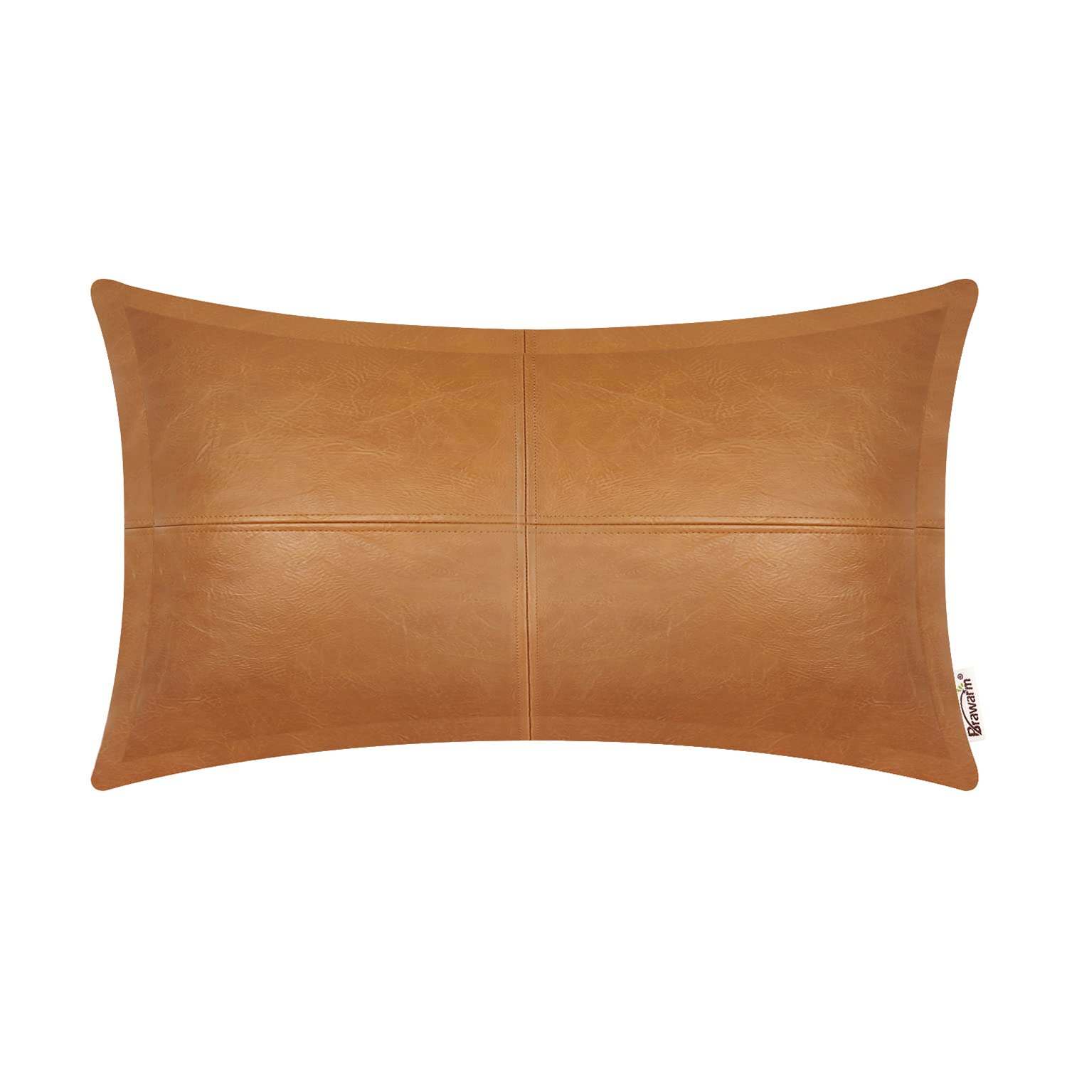 BRAWARM Tan Leather Throw Pillow 12 X 20 Inches, Faux Leather Pillow Cover with Piping, Hand Stitched Leather Decorative Lumbar 