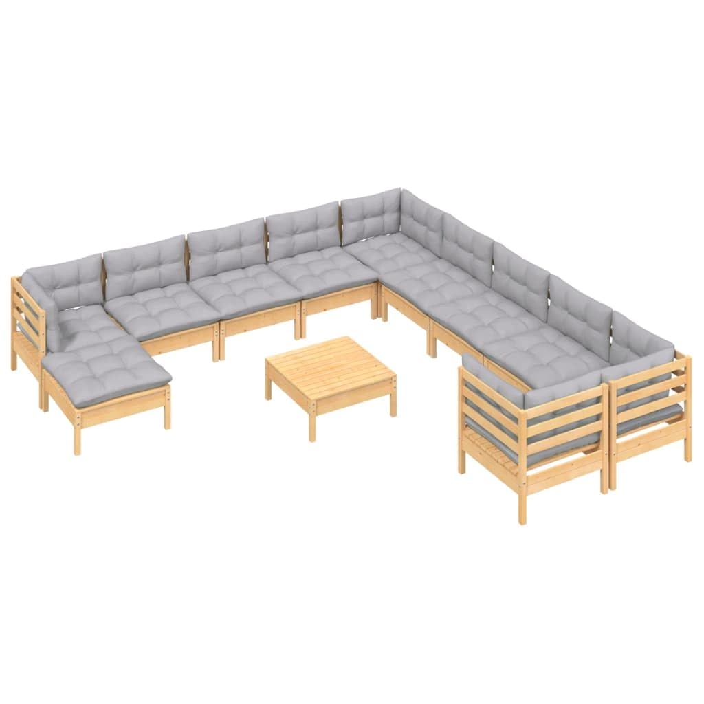 vidaXL Solid Pinewood Patio Lounge Set with Gray Cushions - 12 Piece Comfortable Outdoor Furniture Set - Ideal for Lounging or Outdoor Gatherings - Assembly Required
