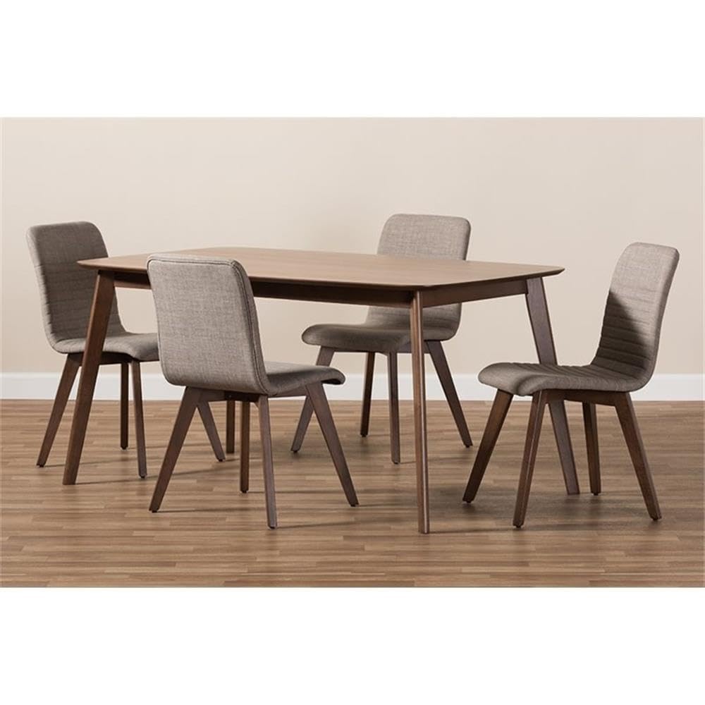 Baxton Studio Sugar Mid-Century Modern Light Grey Fabric Upholstered Walnut Wood Finished 5-Piece Dining Set
