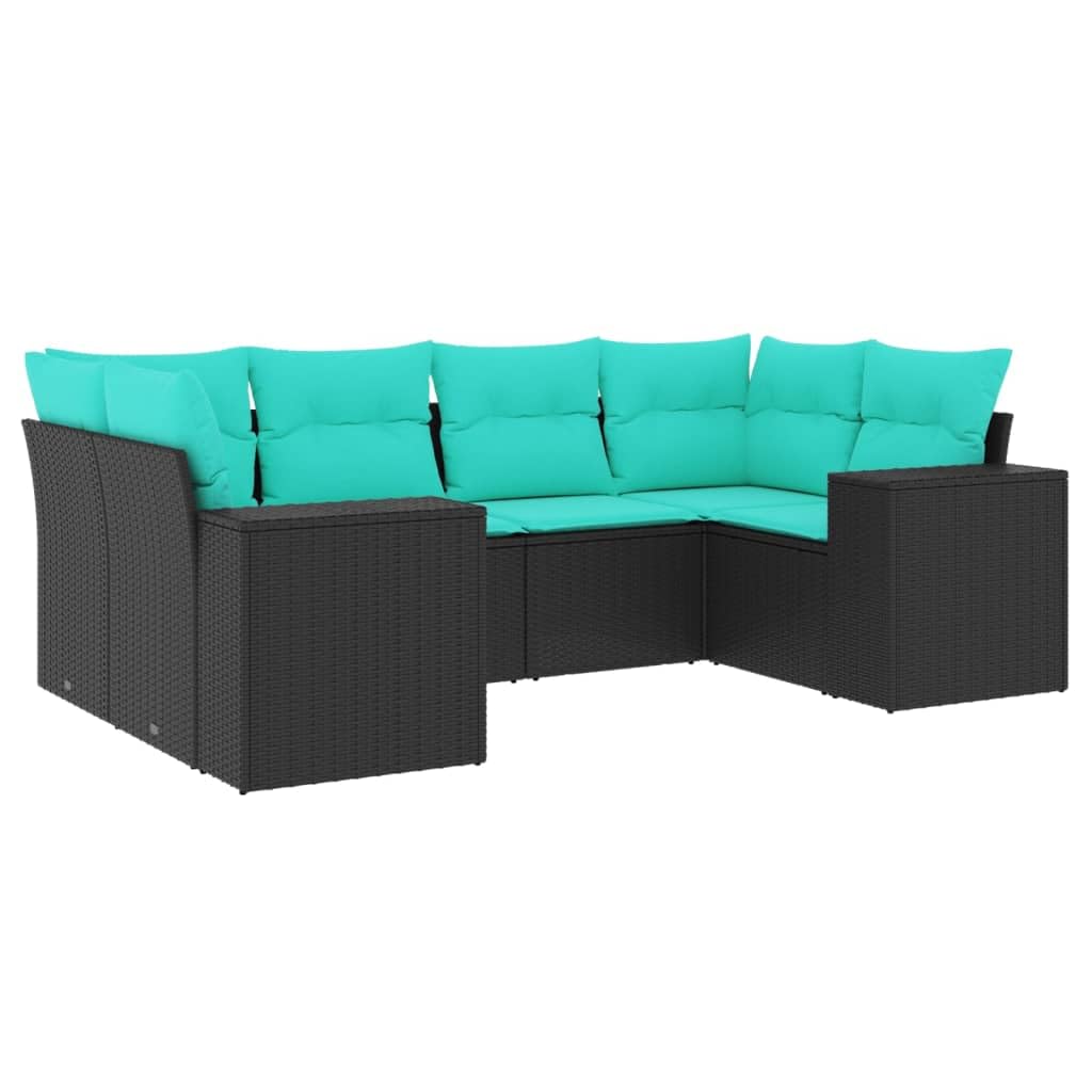 vidaXL 6-Piece Patio Sofa Set with Cushions - Outdoor Furniture PE Rattan, Black/Blue, Modular Design, Washable Covers, Ideal for Garden/Patio/Terrace