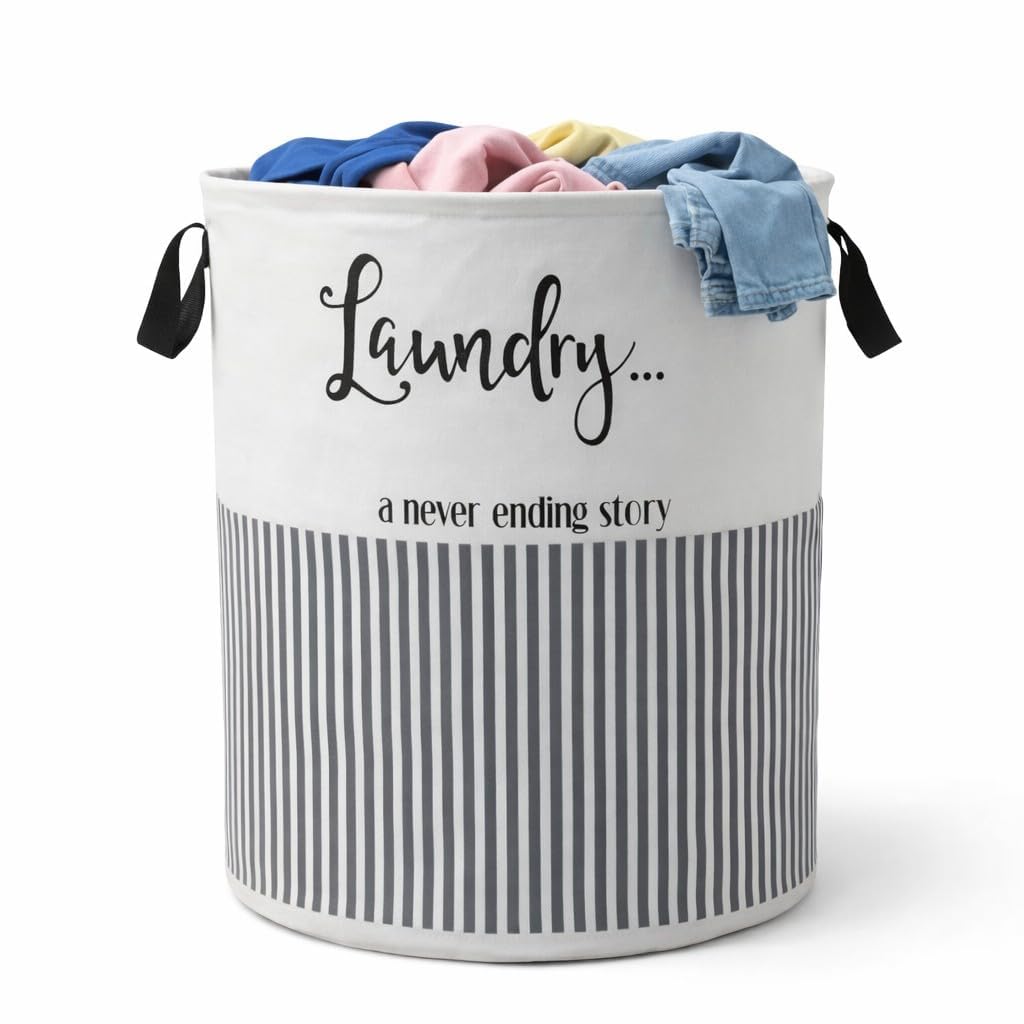 Laundry Basket, 75L, 50x40 cm, Striped Laundry Basket Dark Grey | Non Woven Cloth Bin Bag for Clothes Storage | Freestanding Org