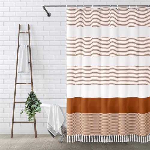 Awellife Boho Orange Shower Curtain For Bathroom Farmhouse Natural Linen Stripe Tassel Shower Curtain (Orange, 72' L X 84' W)