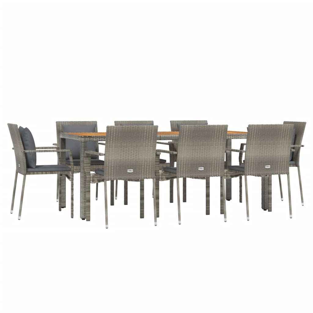 vidaXL Modern Patio Dining Set - Gray Poly Rattan with Dark Gray Cushions - Including 8 Garden Chairs and Solid Acacia Wood Tabletop - Perfect for Garden, Outdoor Dining and Relaxing