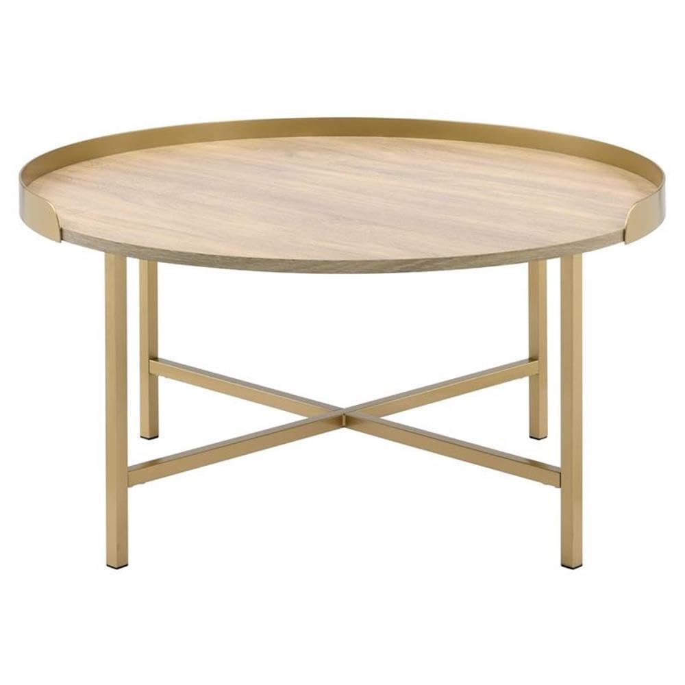 Acme Mithea Round Wooden Coffee Table With Tray Top In Oak And Gold