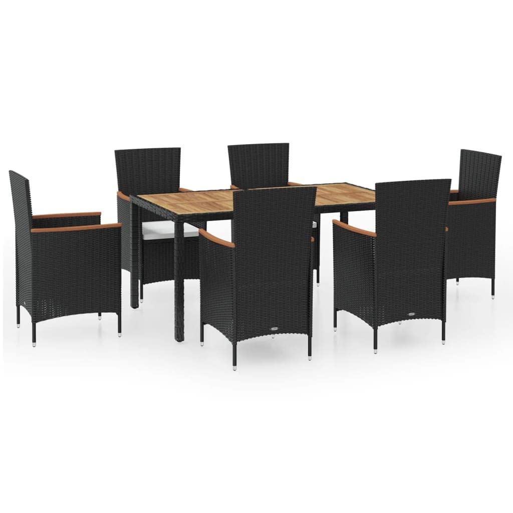 vidaXL 7-Piece Patio Dining Set - Elegant Poly Rattan Furniture with Weatherproof Acacia Wood Table Top & Armrests | Contains Table, 6 Chairs & 6 Seat Cushions | Perfect for Garden or Patio